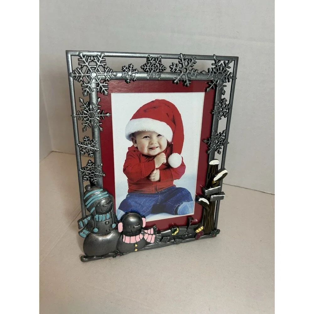 Christmas Winter Snowman Pewter Picture Frame 4x6/5x7 Holiday Decor New Open Box